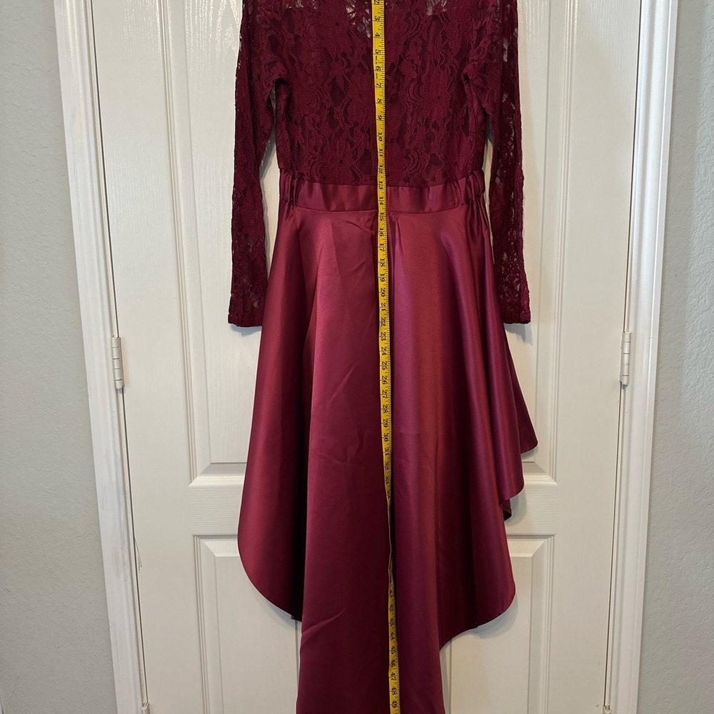 Spliced Burgundy Lace Satin High-Low Dress Long Sleeve Size Medium - Picture 3 of 13